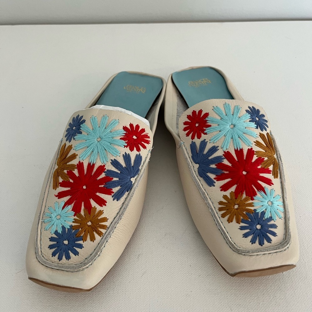 Frances Valentine Tumbled Leather Mules in Oyster with Floral Embroidery